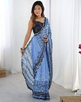 Chiffon digital print scallped border foil mirror work saree 4