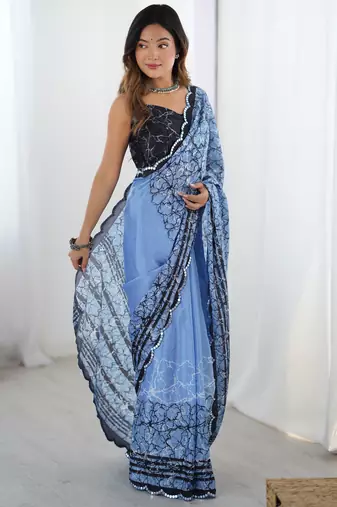 Chiffon digital print scallped border foil mirror work saree