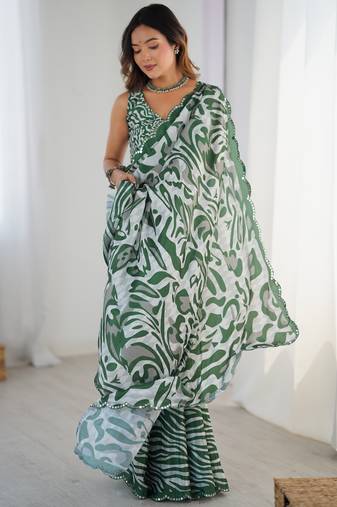 Chiffon digital print scallped border foil mirror work saree