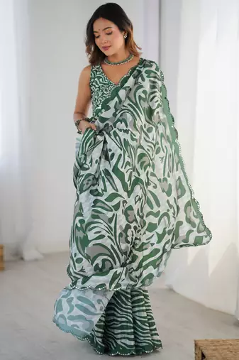 Chiffon digital print scallped border foil mirror work saree