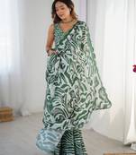 Chiffon digital print scallped border foil mirror work saree