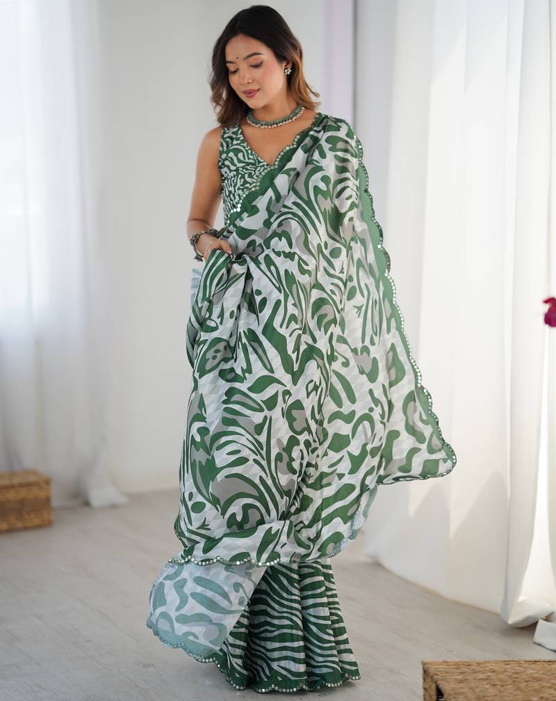 Chiffon digital print scallped border foil mirror work saree