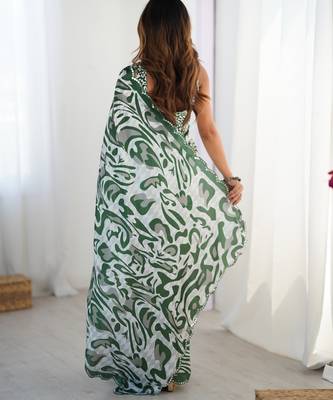 Chiffon digital print scallped border foil mirror work saree 2