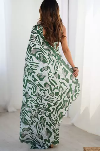 Chiffon digital print scallped border foil mirror work saree