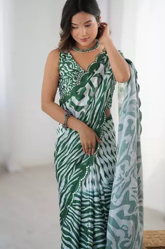 Chiffon digital print scallped border foil mirror work saree