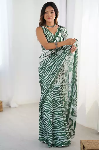 Chiffon digital print scallped border foil mirror work saree