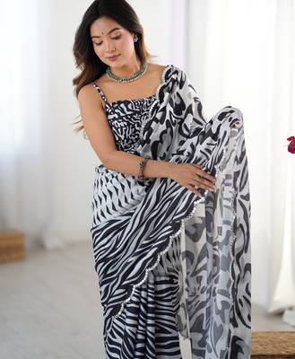 Chiffon digital print scallped border foil mirror work saree 3