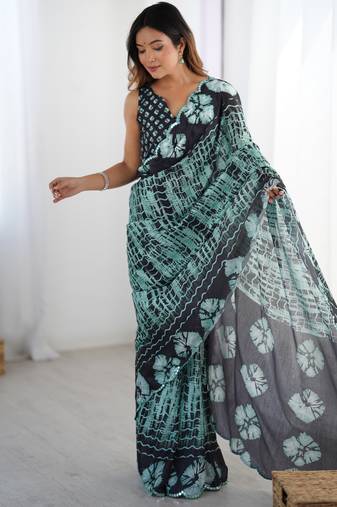 Chiffon digital print scallped border foil mirror work saree