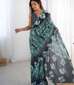 Chiffon digital print scallped border foil mirror work saree