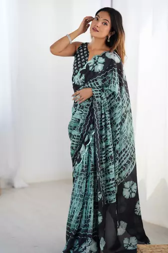 Chiffon digital print scallped border foil mirror work saree