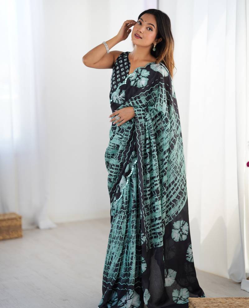Chiffon digital print scallped border foil mirror work saree