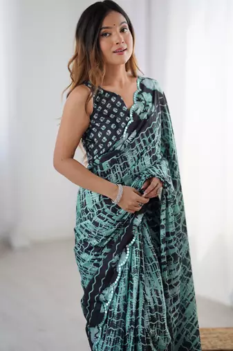 Chiffon digital print scallped border foil mirror work saree