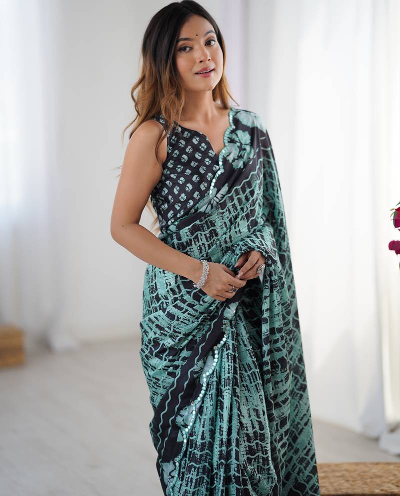 Chiffon digital print scallped border foil mirror work saree