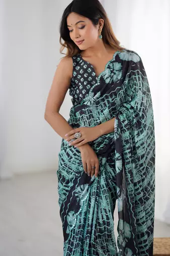 Chiffon digital print scallped border foil mirror work saree