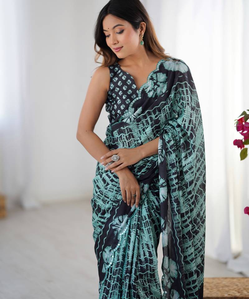 Chiffon digital print scallped border foil mirror work saree