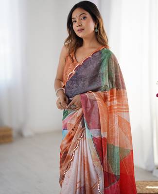 Chiffon digital print scallped border foil mirror work saree 2