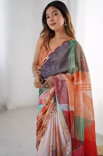 Chiffon digital print scallped border foil mirror work saree