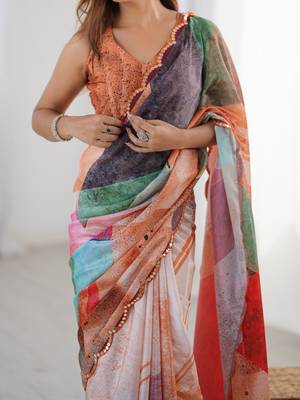 Chiffon digital print scallped border foil mirror work saree 3