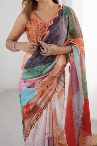 Chiffon digital print scallped border foil mirror work saree