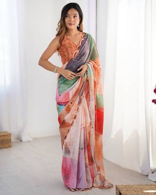 Chiffon digital print scallped border foil mirror work saree 4