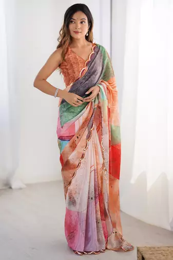 Chiffon digital print scallped border foil mirror work saree