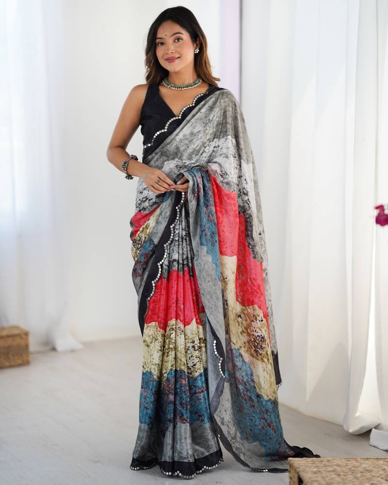 Chiffon digital print scallped border foil mirror work saree