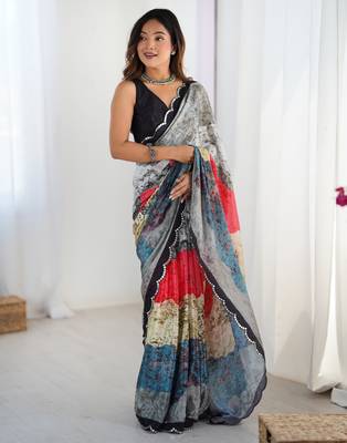 Chiffon digital print scallped border foil mirror work saree 2