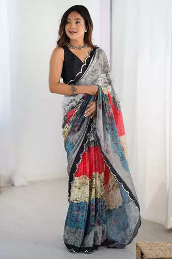 Chiffon digital print scallped border foil mirror work saree