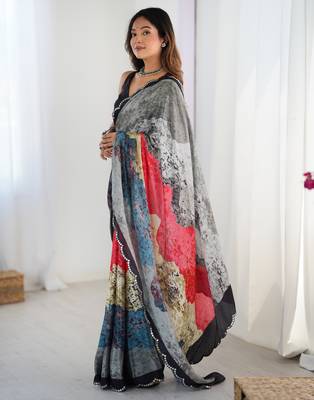 Chiffon digital print scallped border foil mirror work saree 3