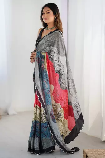 Chiffon digital print scallped border foil mirror work saree