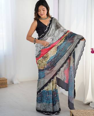 Chiffon digital print scallped border foil mirror work saree 4