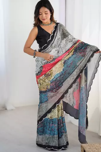 Chiffon digital print scallped border foil mirror work saree