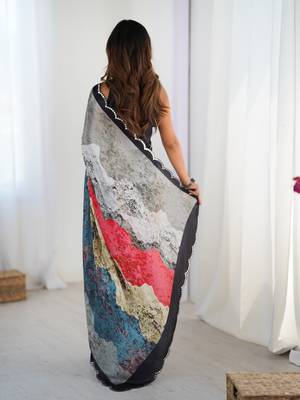 Chiffon digital print scallped border foil mirror work saree 5