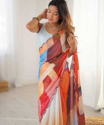 Chiffon digital print scallped border foil mirror work saree 2