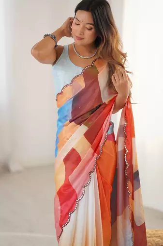 Chiffon digital print scallped border foil mirror work saree