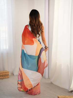 Chiffon digital print scallped border foil mirror work saree 4