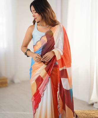 Chiffon digital print scallped border foil mirror work saree 5