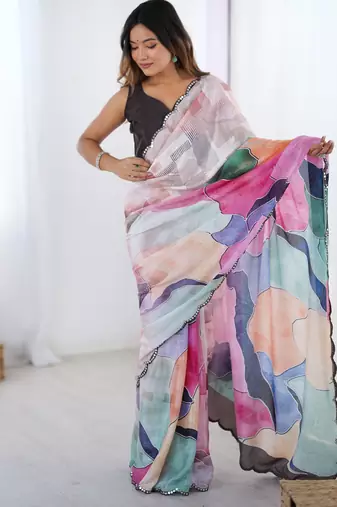 Chiffon digital print scallped border foil mirror work saree