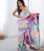 Chiffon digital print scallped border foil mirror work saree