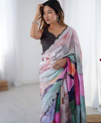Chiffon digital print scallped border foil mirror work saree 2