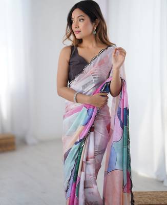Chiffon digital print scallped border foil mirror work saree 4