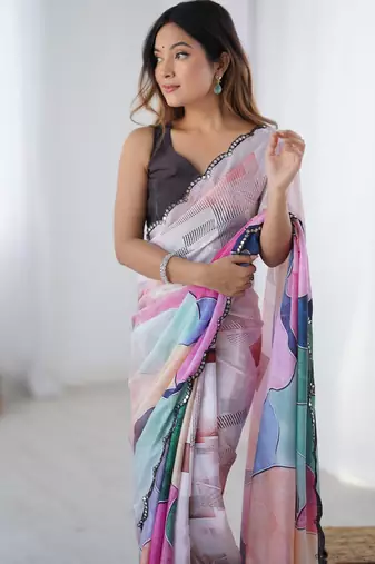 Chiffon digital print scallped border foil mirror work saree