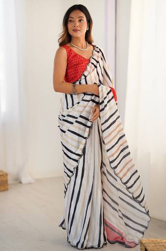 Chiffon digital print scallped border foil mirror work saree