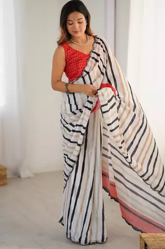 Chiffon digital print scallped border foil mirror work saree
