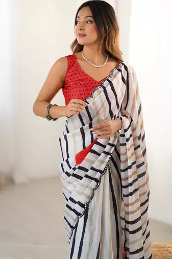 Chiffon digital print scallped border foil mirror work saree