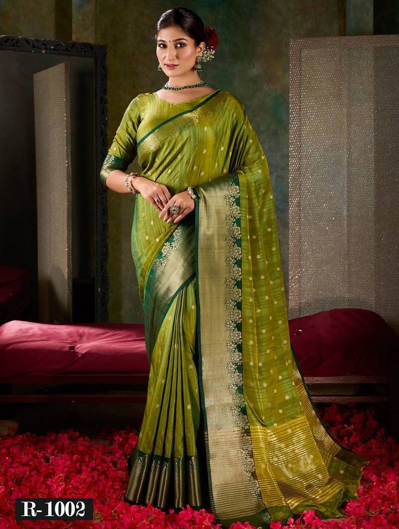 Olive green banarasi silk saree with emerald zari border