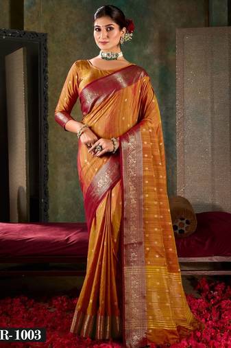 Amber gold banarasi silk saree with crimson zari border