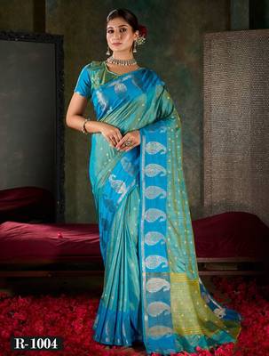 Azure blue banarasi silk saree with paisley zari motifs 1