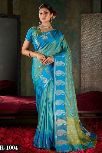 Azure blue banarasi silk saree with paisley zari motifs
