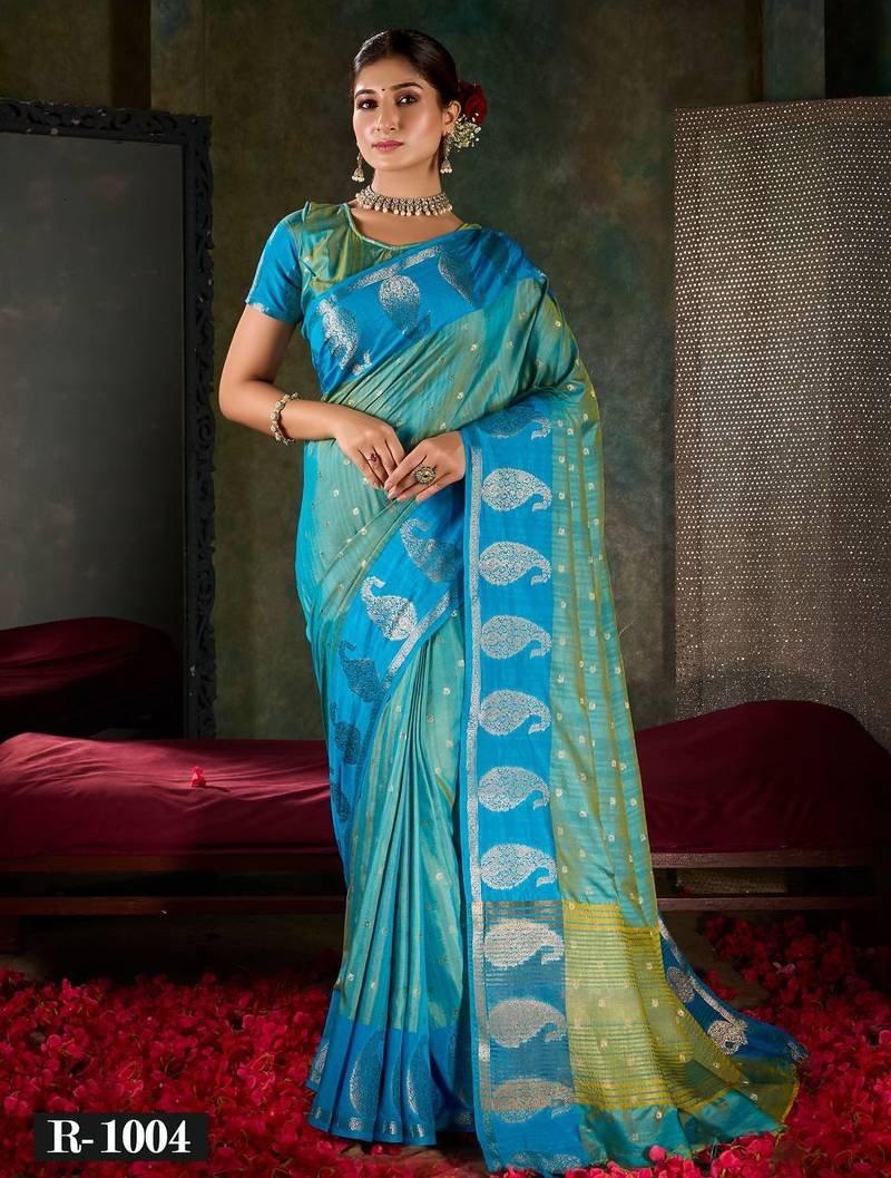 Azure blue banarasi silk saree with paisley zari motifs